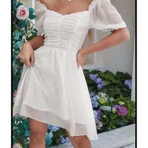 Altar'd State Womens White Ruched Smocked Puff Sleeve Mini Dress XS